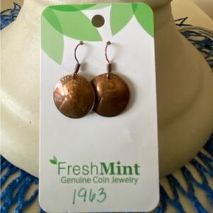 Copper Coin Dangle Earrings - 1963 Penny Design - Brown/Copper